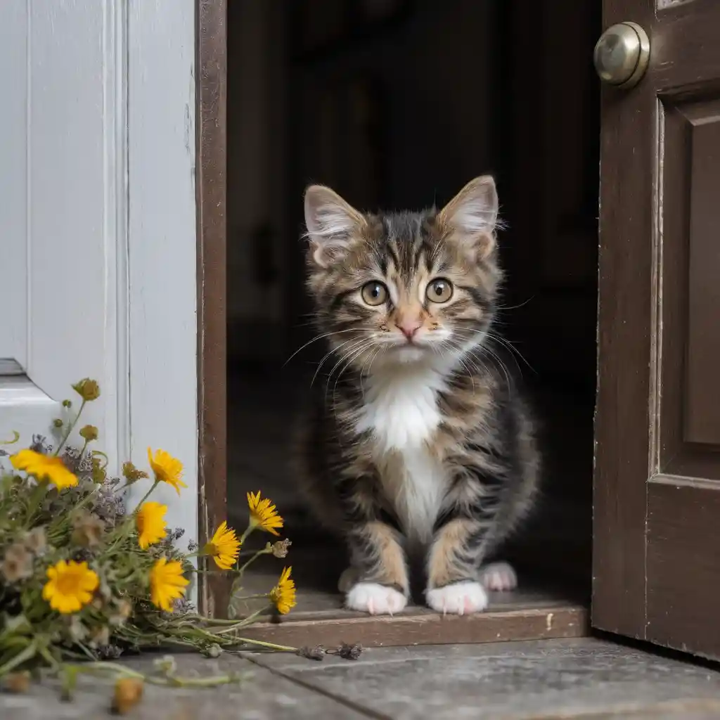 Curly haired tabby mouse and fluffy kitten in misty garden