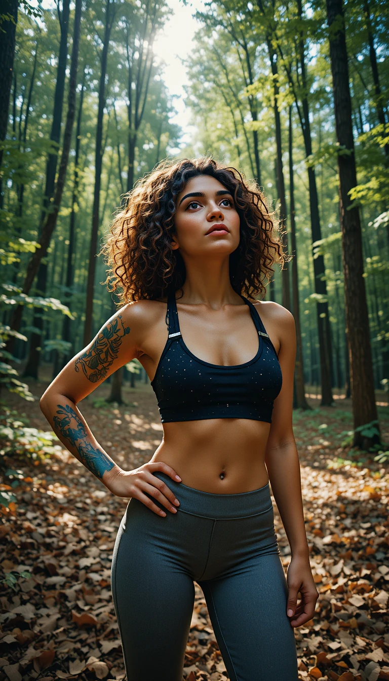 Mujer tatuada de pie en un bosque bañado por el sol