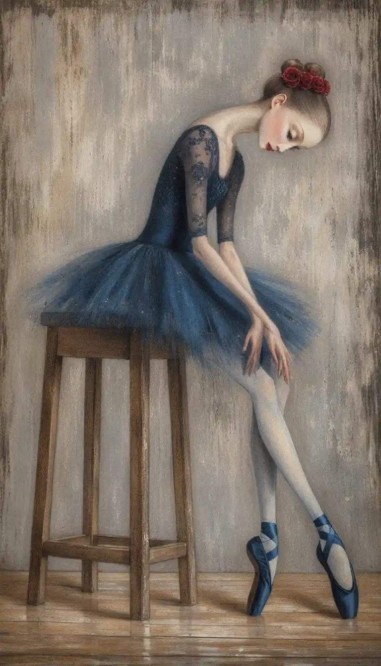 Bailarina melancólica sobre taburete de madera desgastado en estudio oscuro