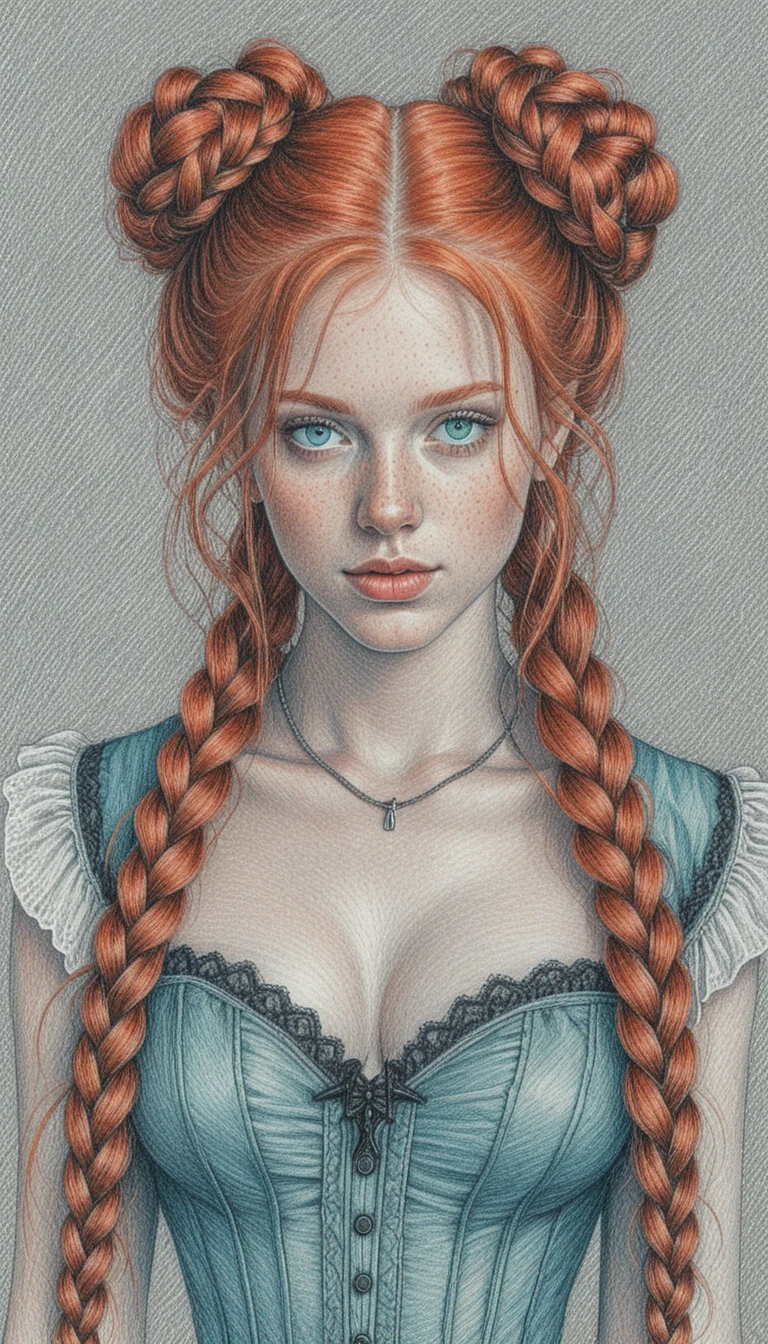 Retrato de chica pelirroja en dibujo detallado a lápiz de color