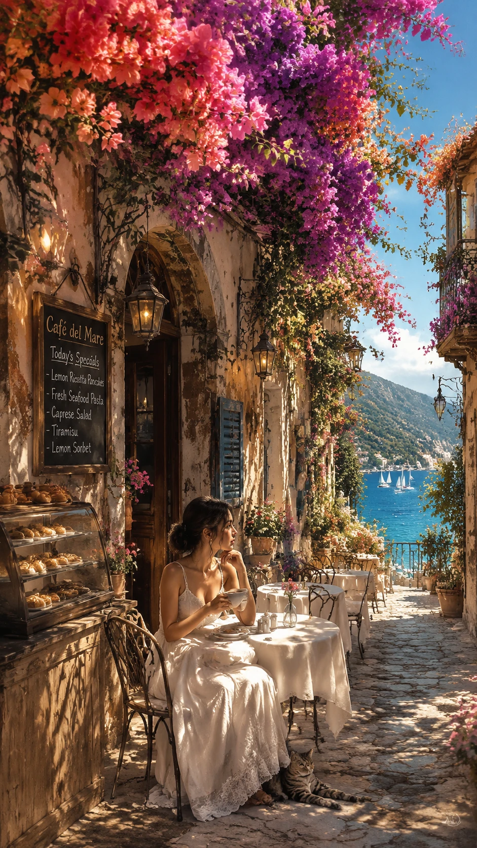 Young woman at a sunlit Mediterranean alleyway cafe