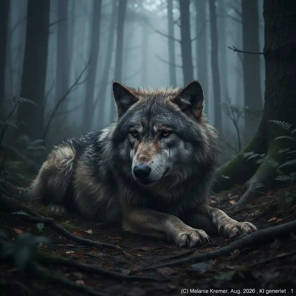 Old wolf crying alone on a misty moonlit forest floor