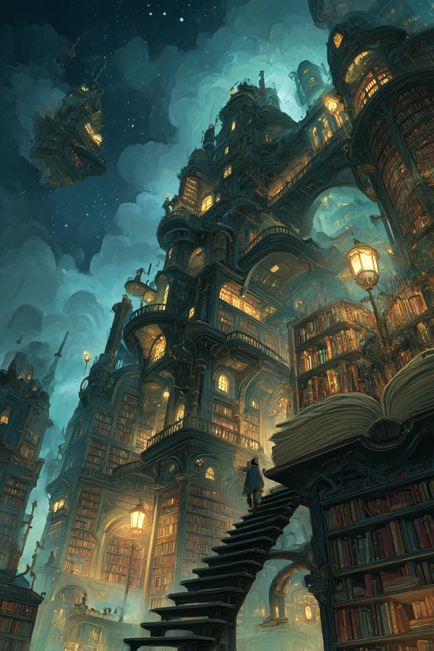Riesige Steampunk‑Bibliothek unter einem wirbelnden Dämmerungshimmel