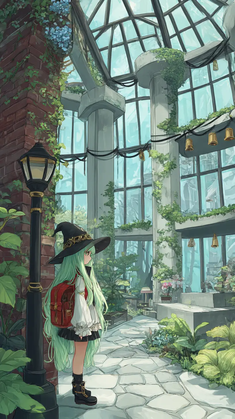 Sendero de invernadero estilo anime bordeado por plantas exóticas crecidas