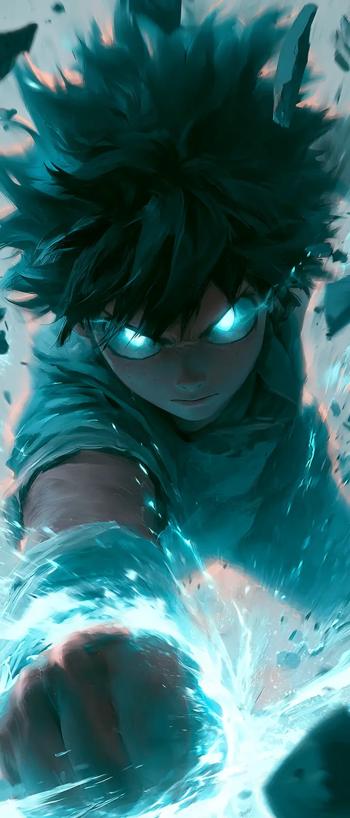Héroe de anime explosivo con espada de energía brillante en movimiento