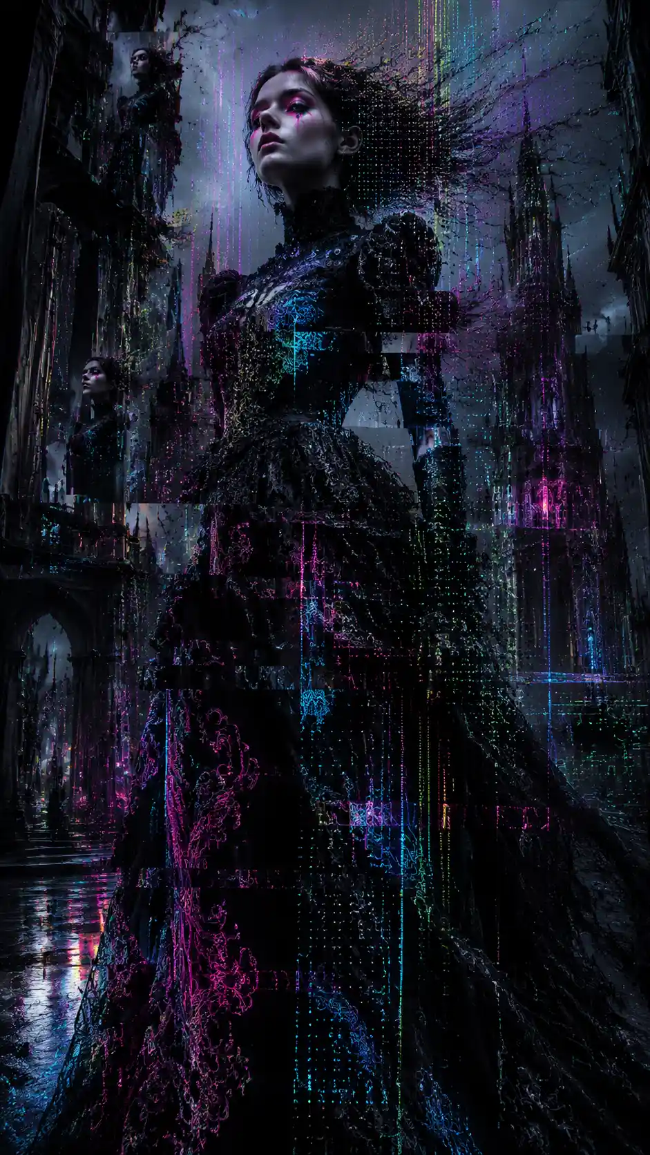 Mannequin dark fantasy dans une ville onirique néon en glitch