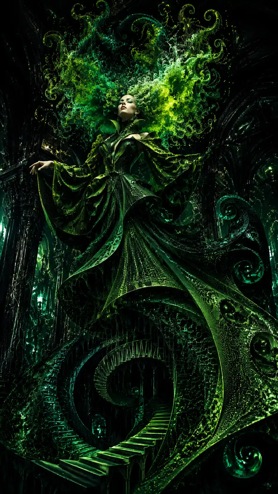 Reina de fantasía oscura con vestido arquitectónico esmeralda fractal