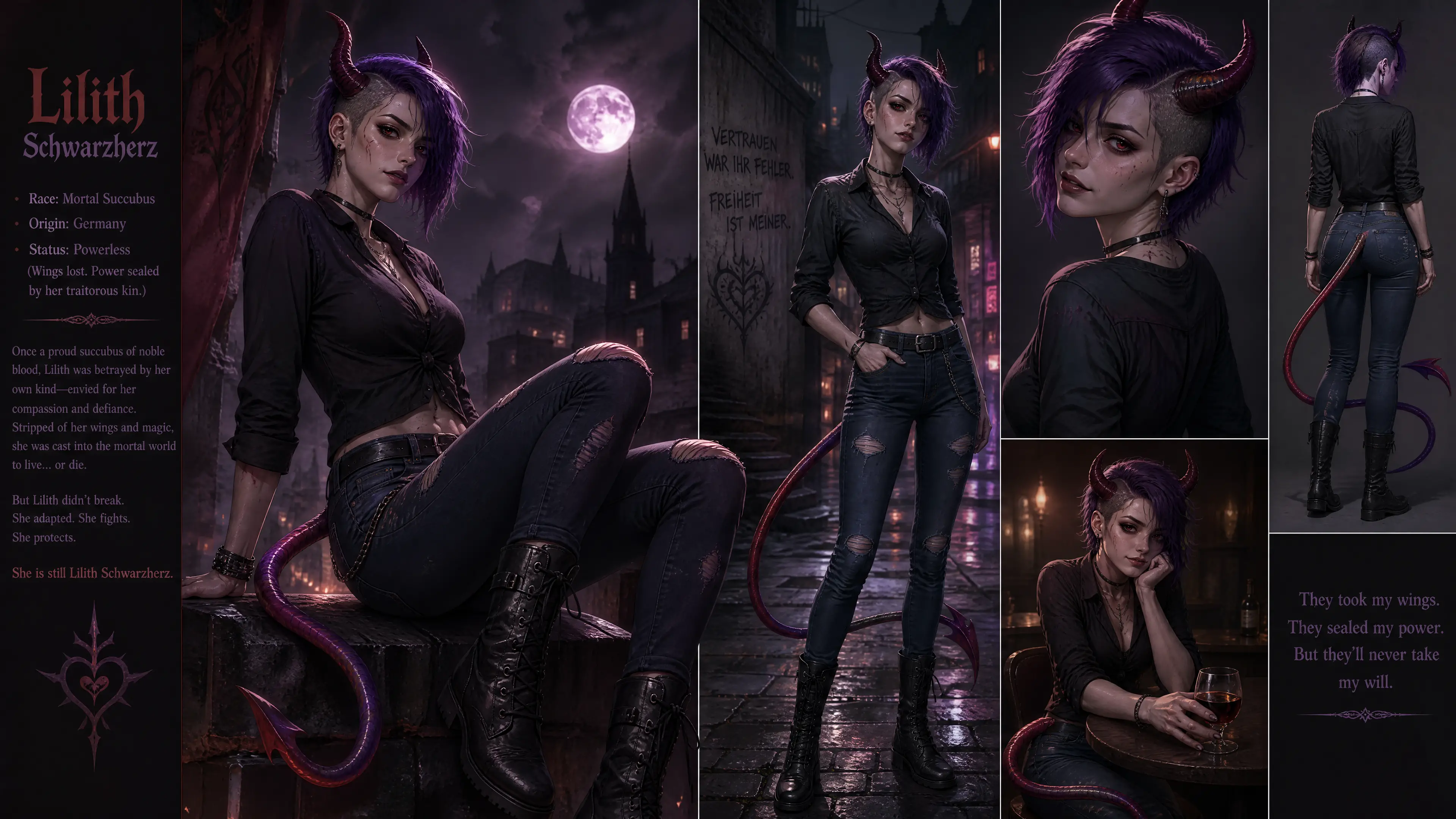 Slender horned succubus girl in casual modern outfit