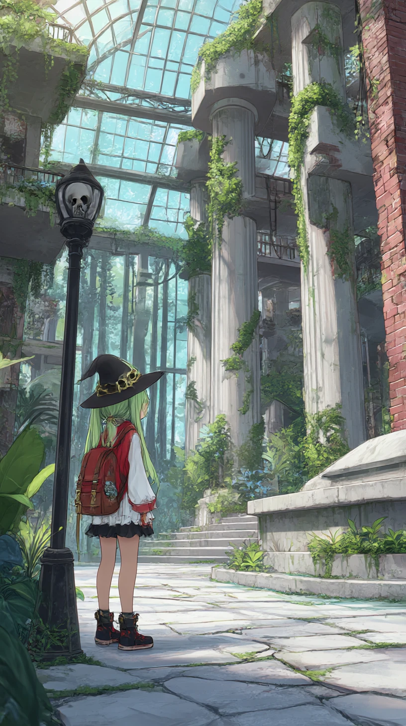Chica de anime en un invernadero frondoso con plantas exóticas