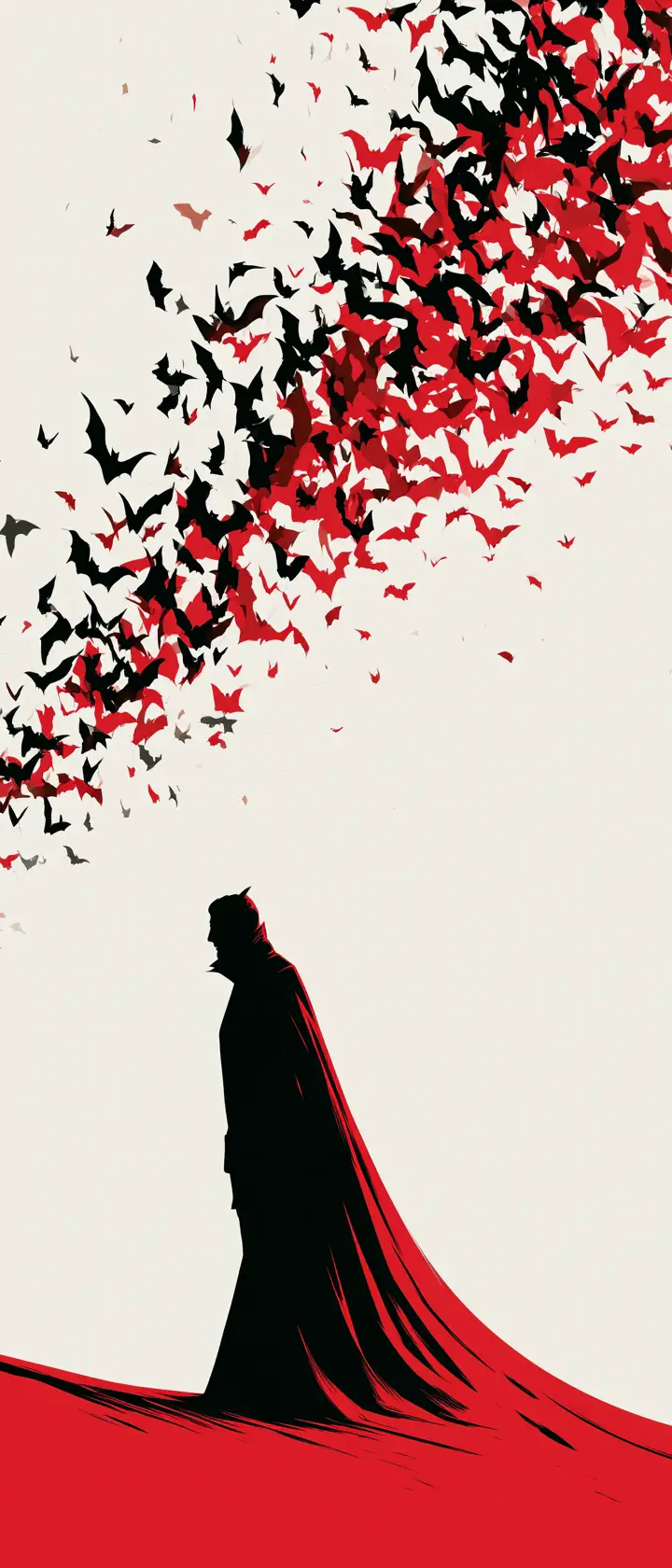 Silueta minimalista de vampiro con capa de murciélagos voladores