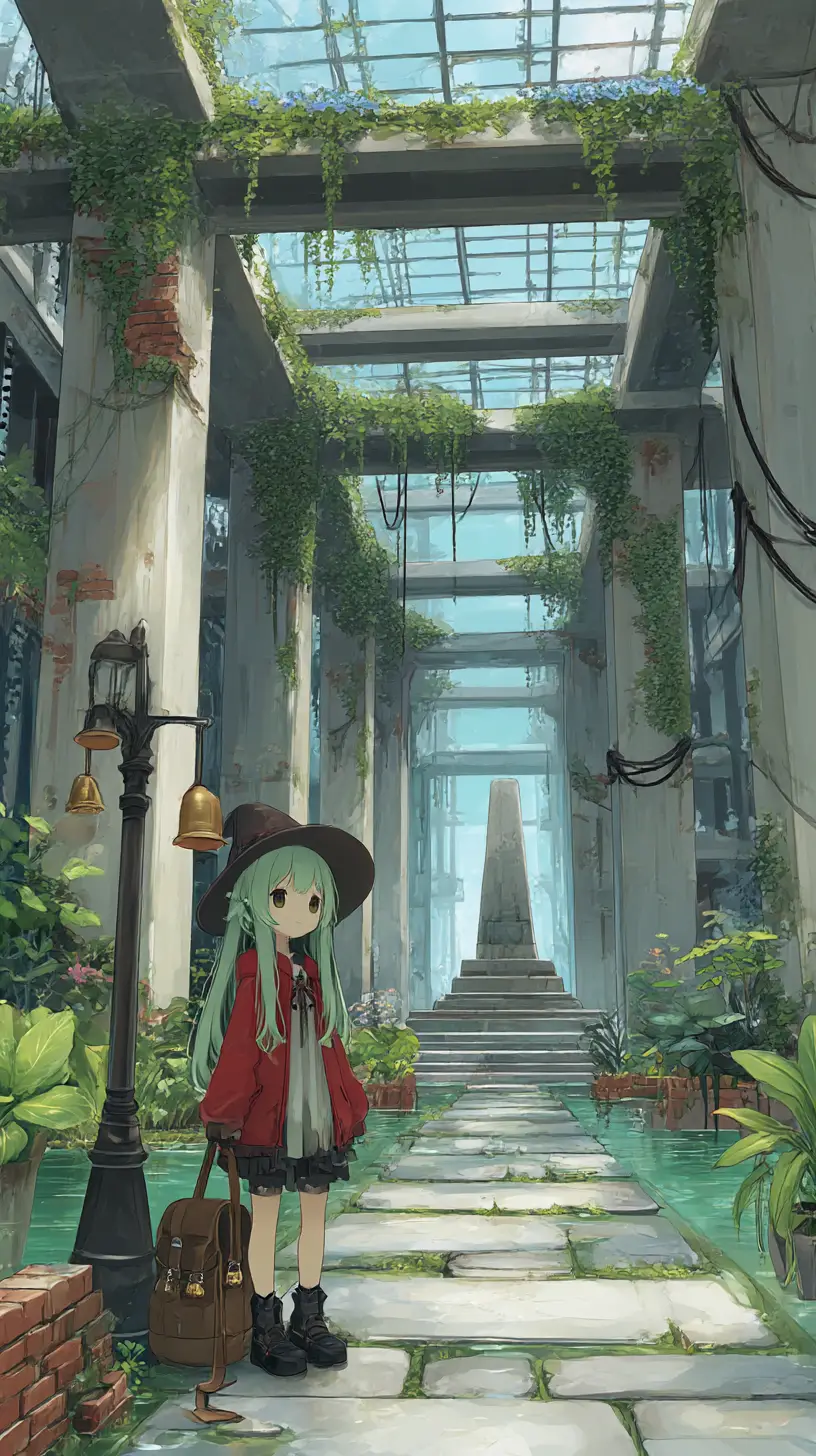 Invernadero de anime con plantas exóticas y camino de concreto