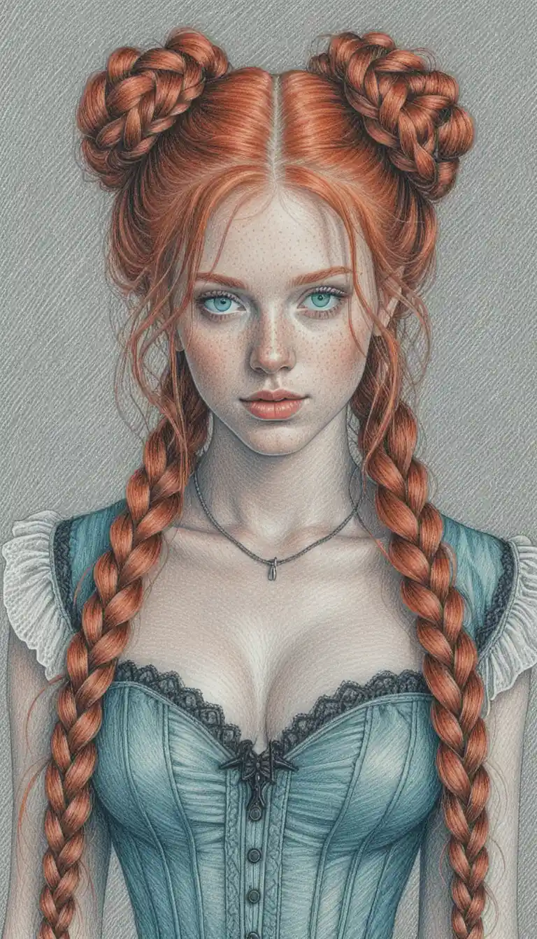Retrato de chica pelirroja en dibujo detallado a lápiz de color
