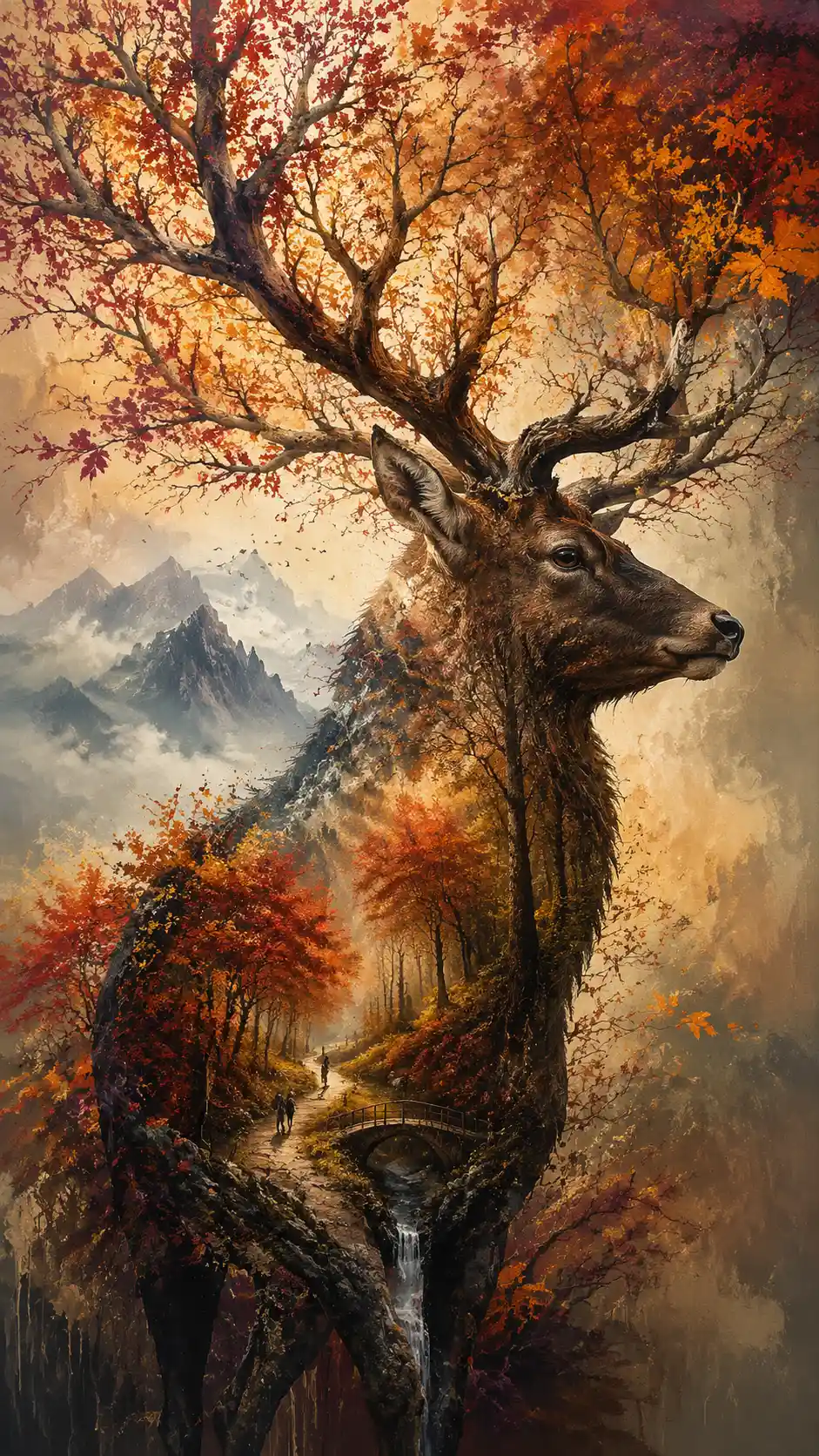 Surreal Stag Silhouette Blending Into An Autumn Forest