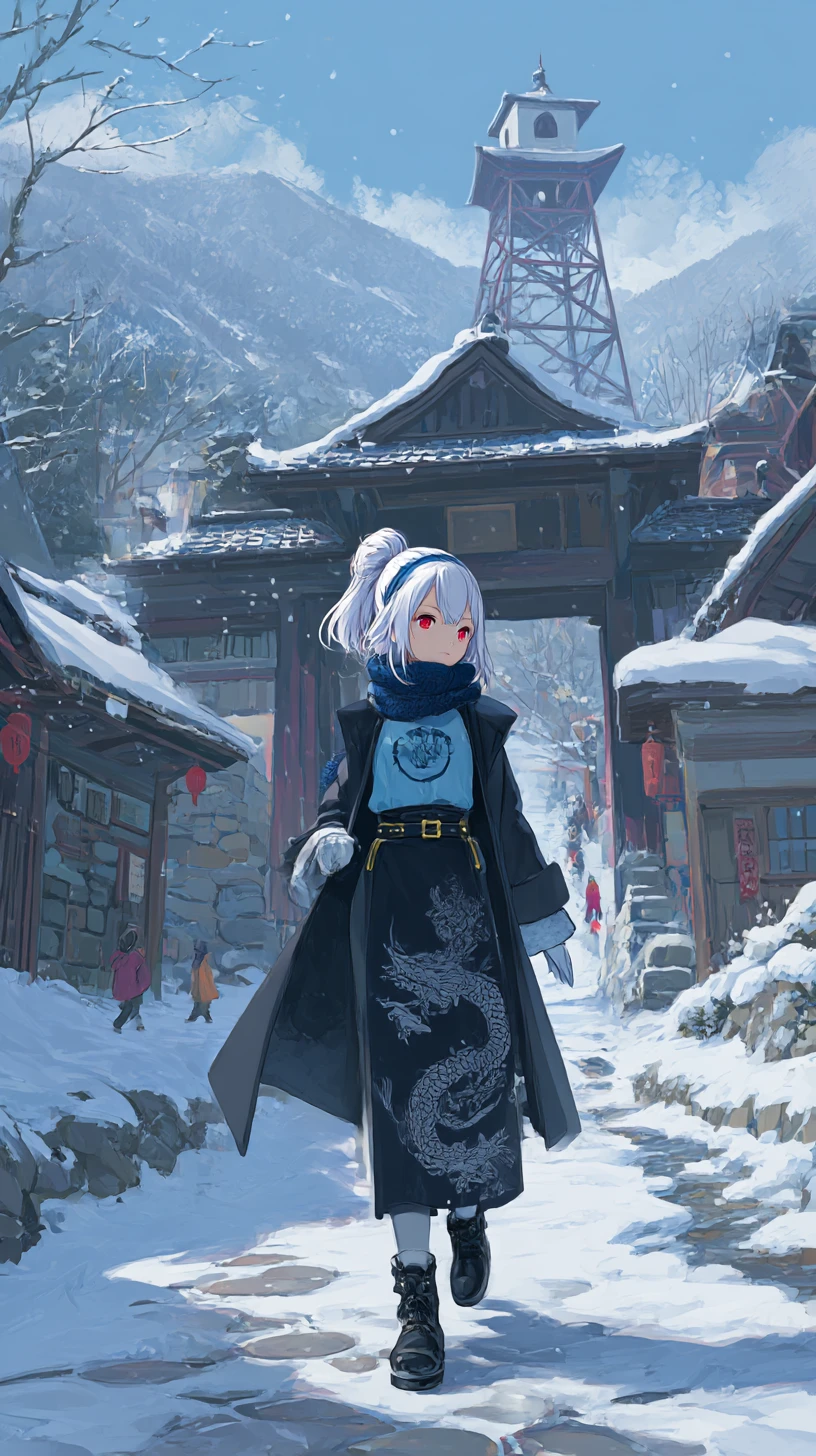 Chica de anime caminando por un pueblo nevado hacia una mansión