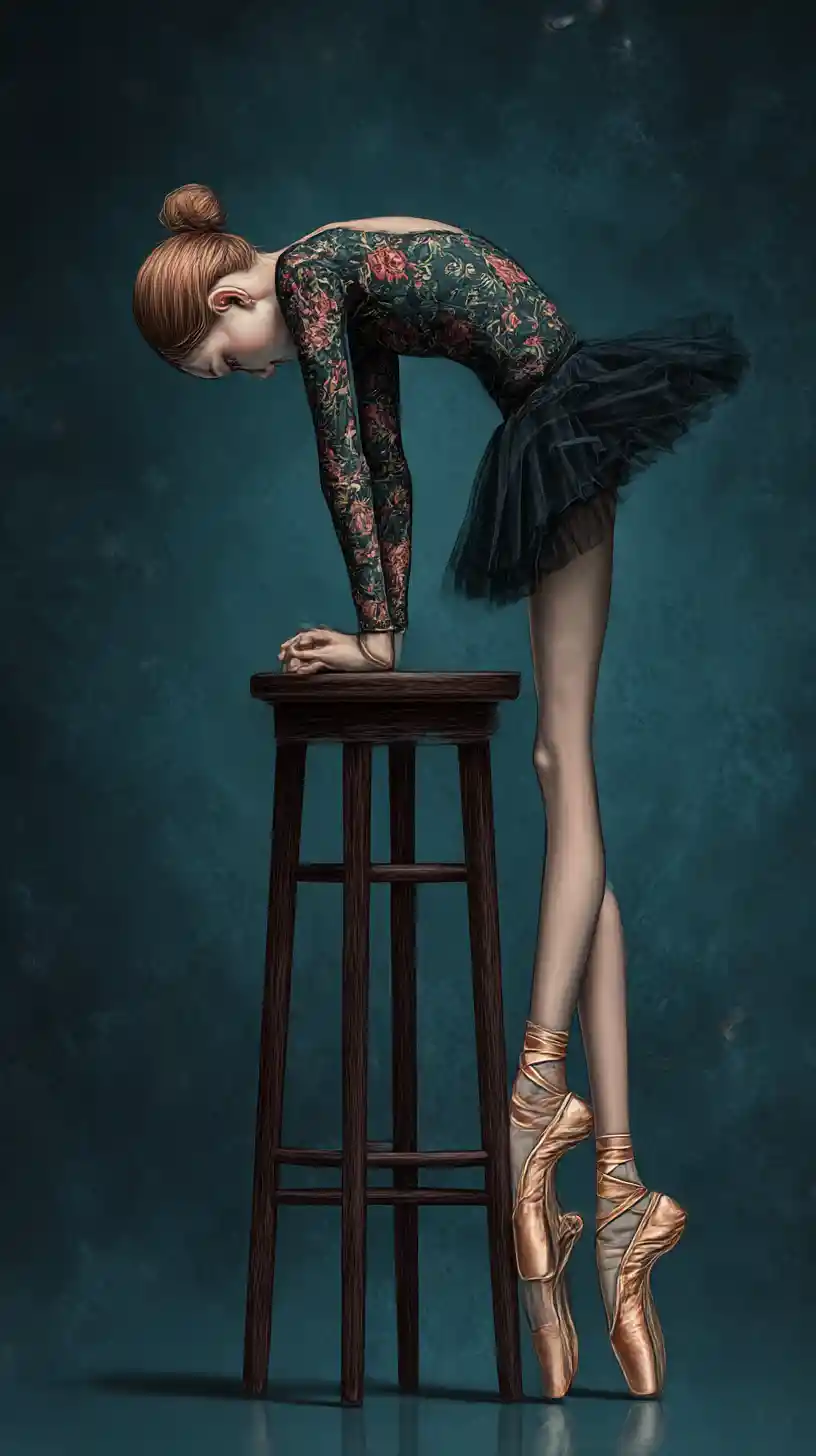 Surreal ballerina resting on a tall stool in soft light