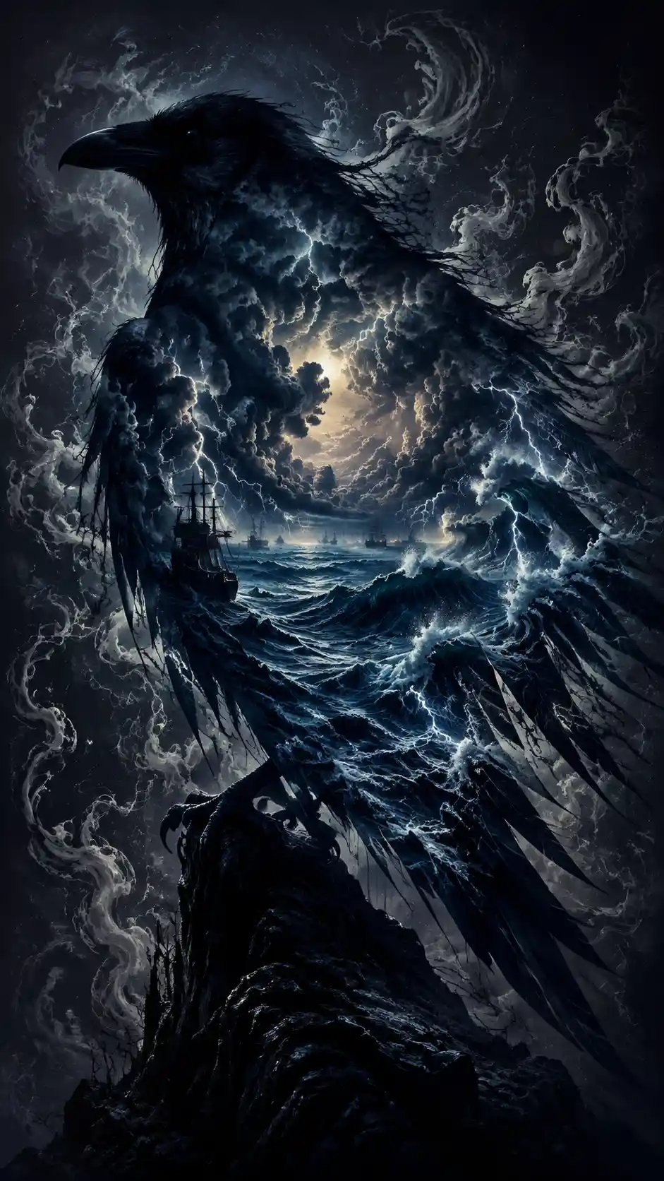 Silueta de cuervo llena de tormenta bajo un cielo de fantasía oscura
