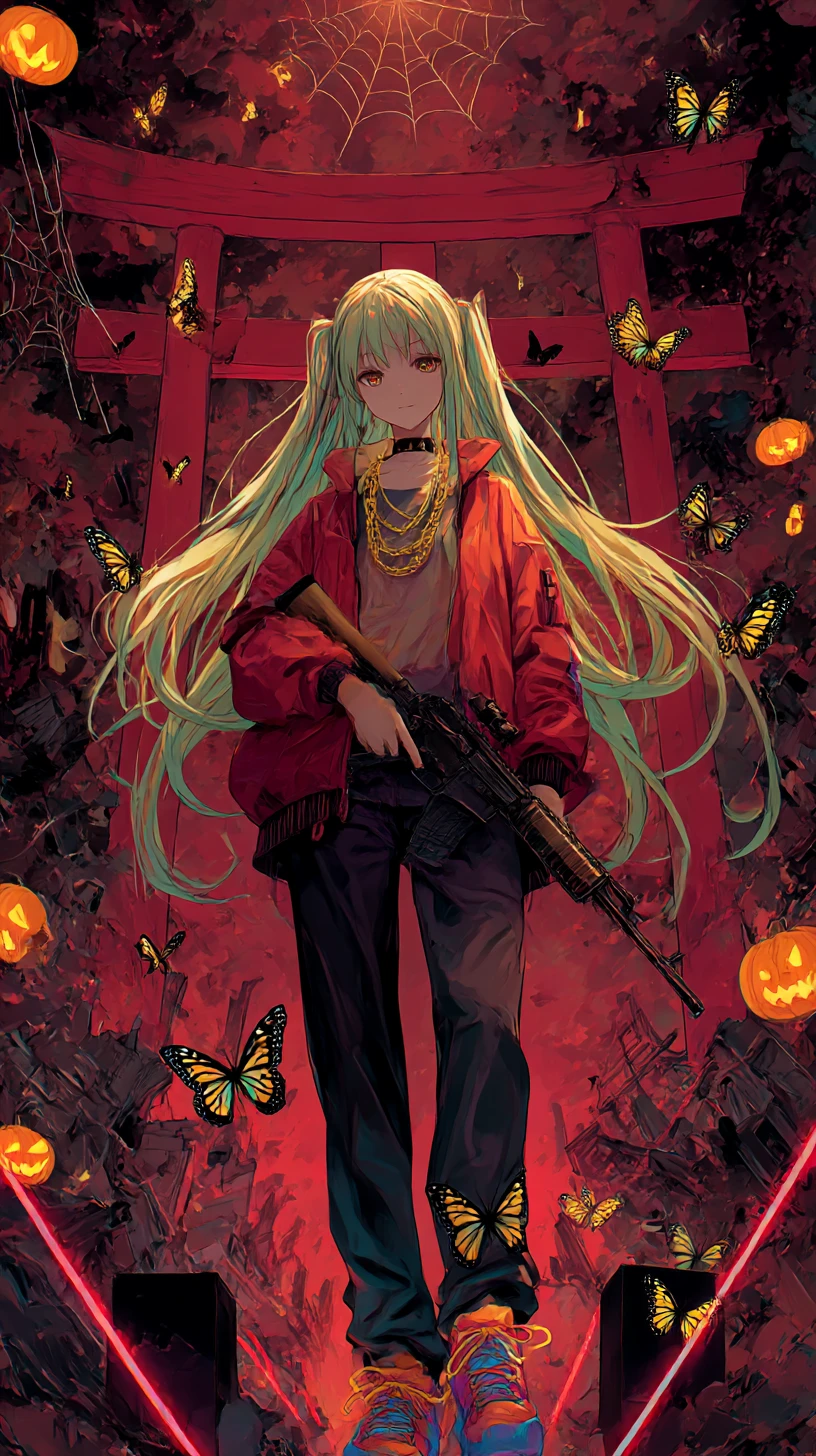 Chica de anime alegre en una concurrida fiesta de fantasmas de Halloween