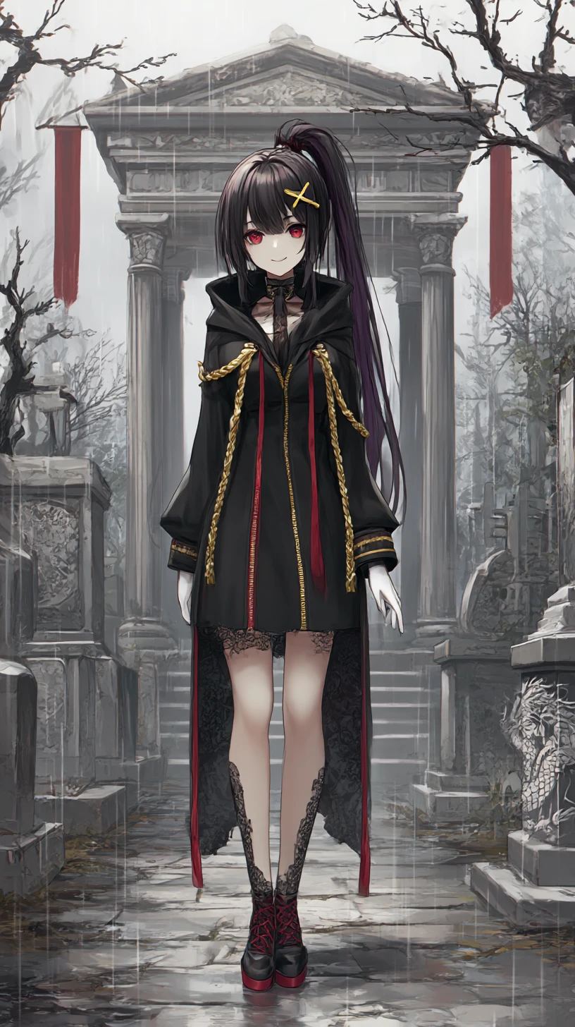 Chica de anime oscura con atuendo negro ornamentado y detalles rojos