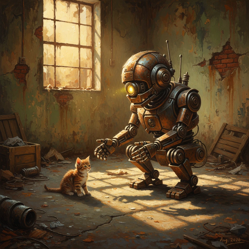Small robot reaching out to a curious kitten in sunlight