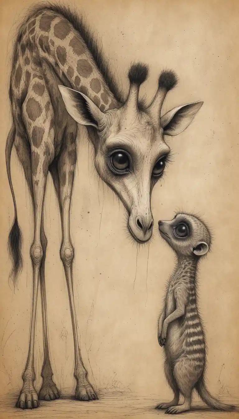 Eerie ink giraffe and meerkat sketch on aged paper