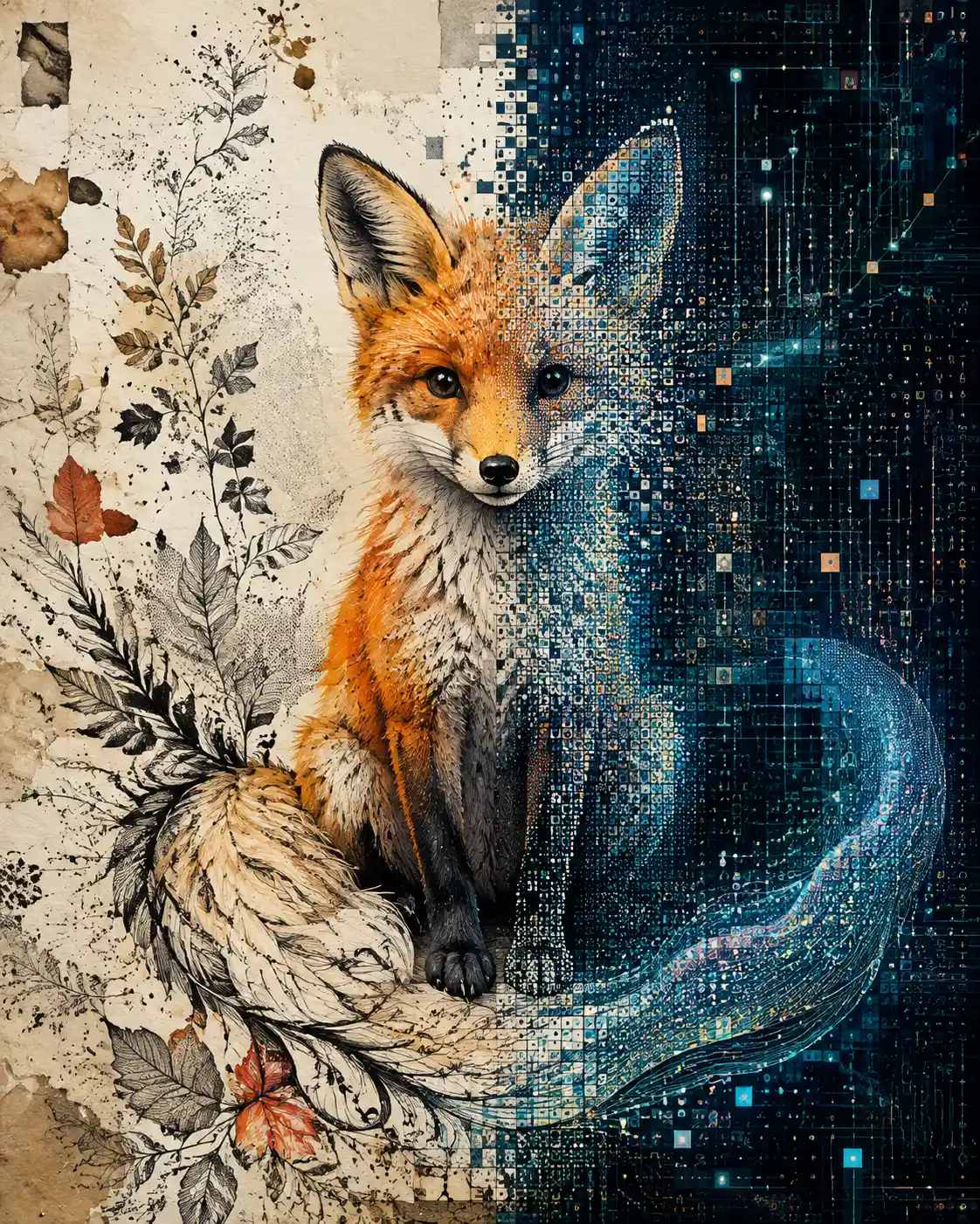 Cute fox in a surreal split analog and digital landscape