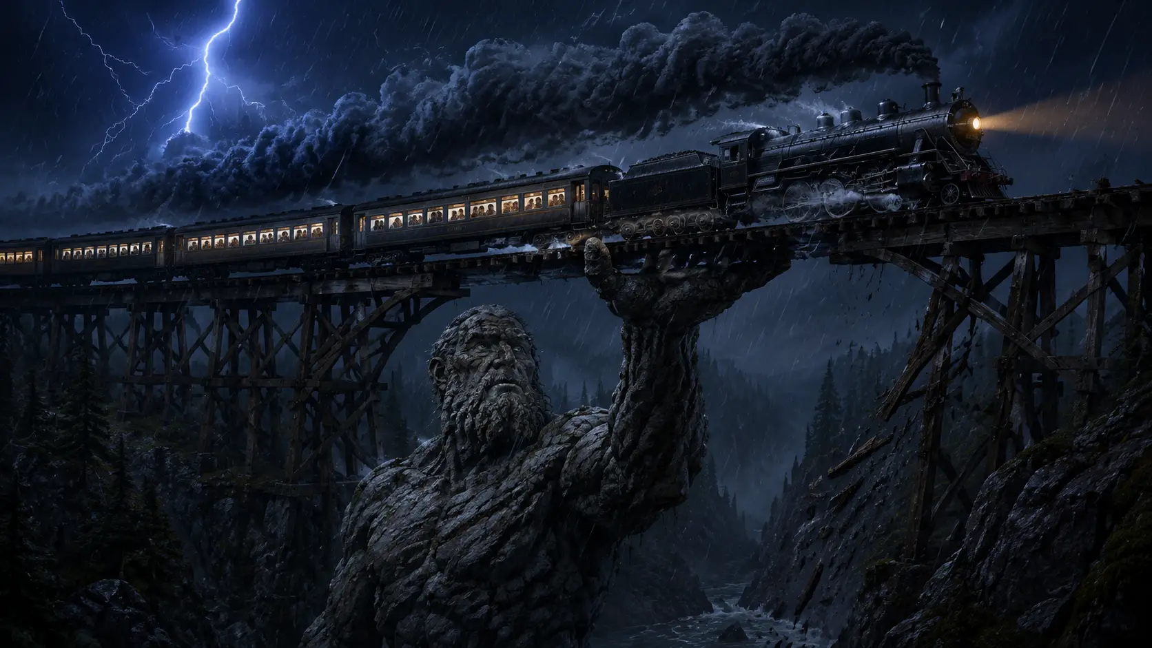 Train à vapeur traversant un pont en treillis brisé dans une gorge orageuse