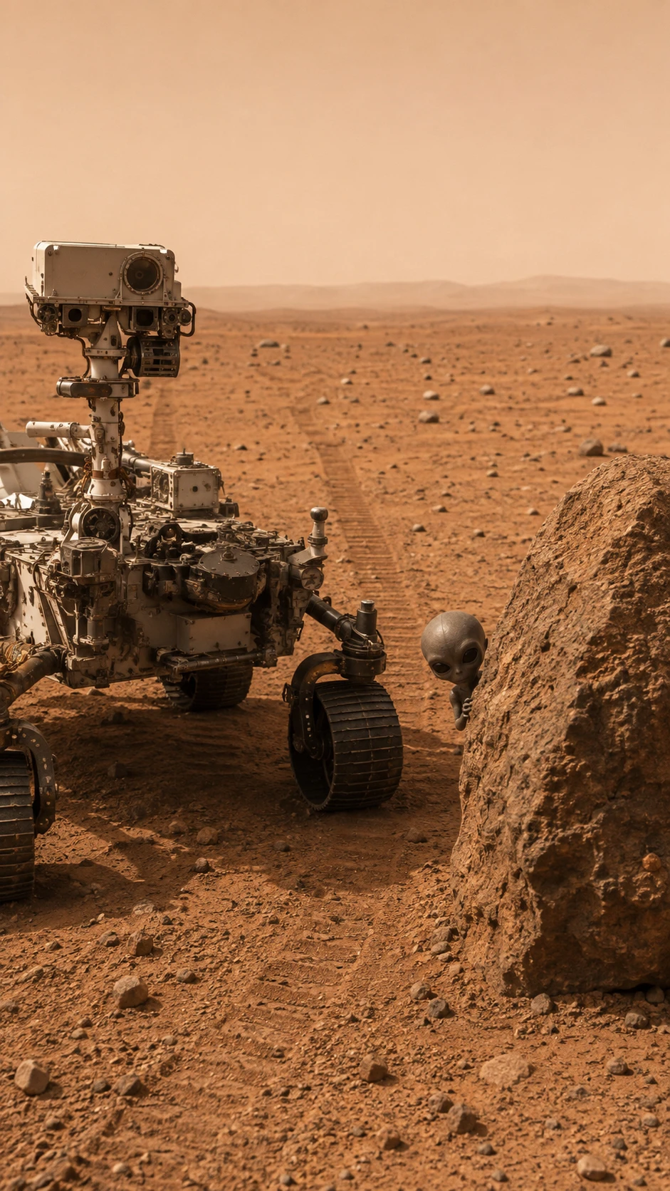 Mars rover and shy grey alien on rocky red terrain