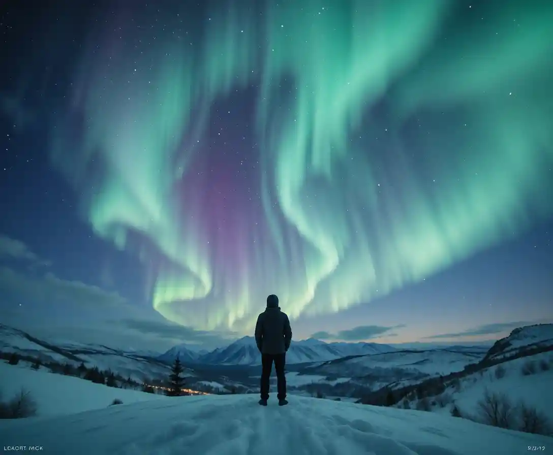 Person on snowy hill under vibrant aurora borealis sky