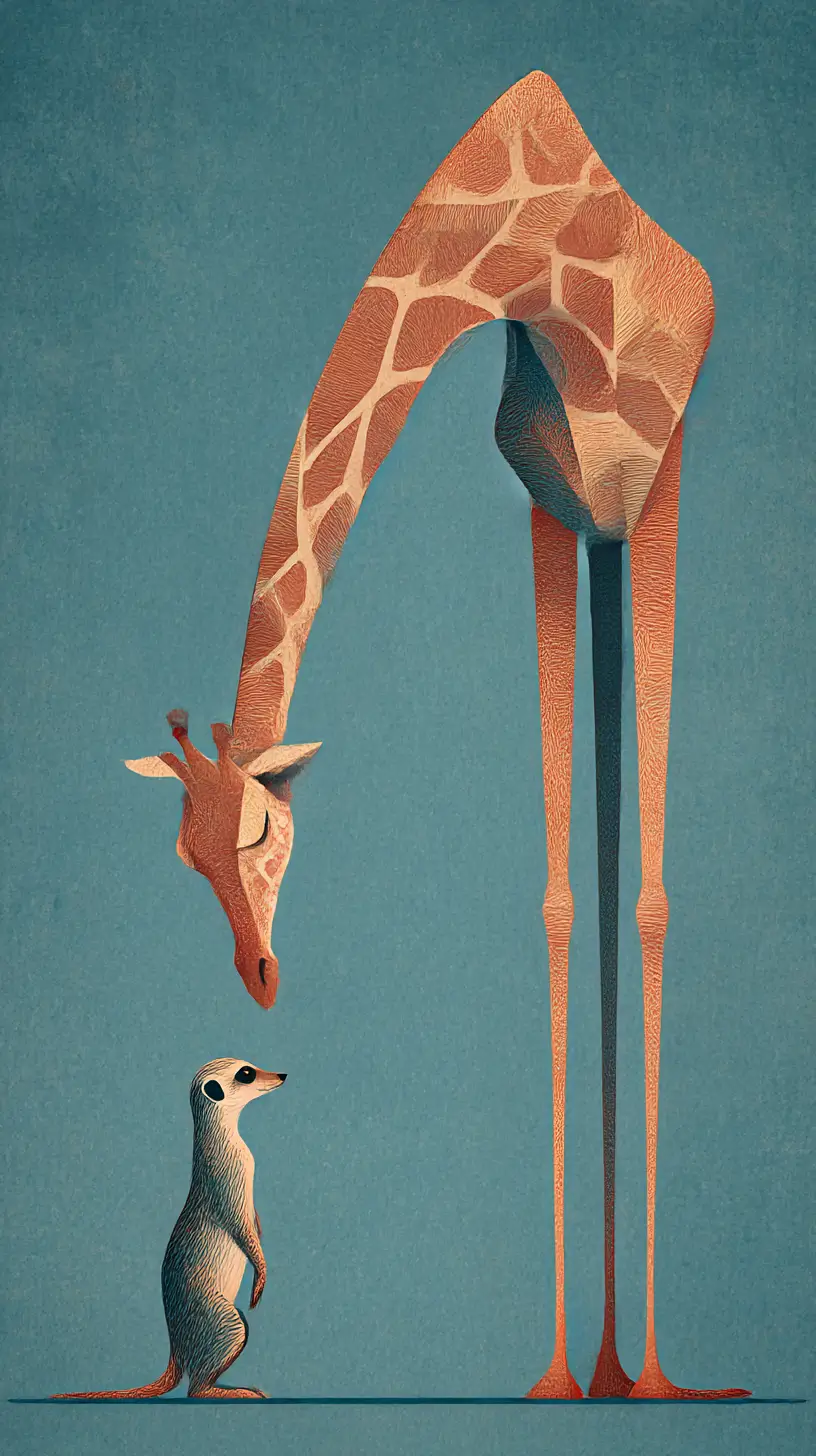 Minimal surreal giraffe meeting meerkat in vintage tones