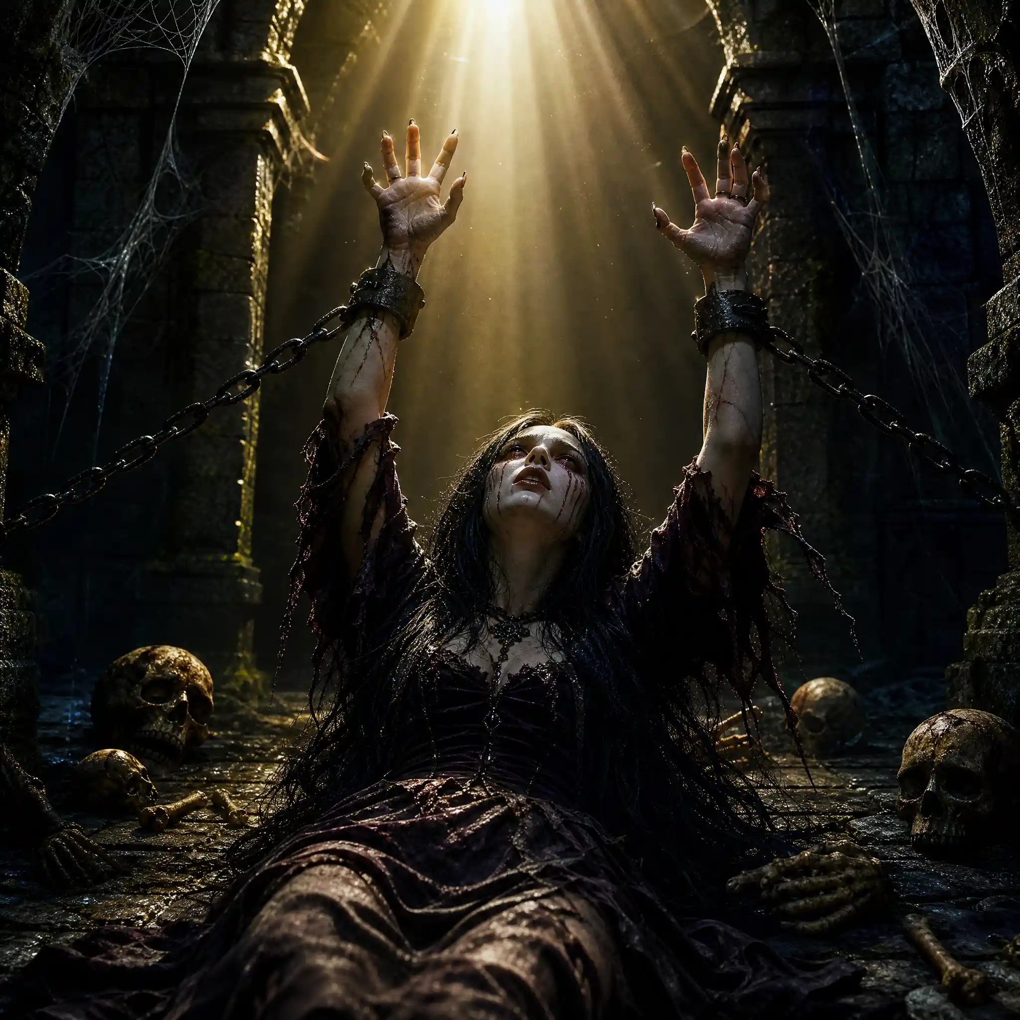 Chained gothic woman reaching toward sunlight in dungeon