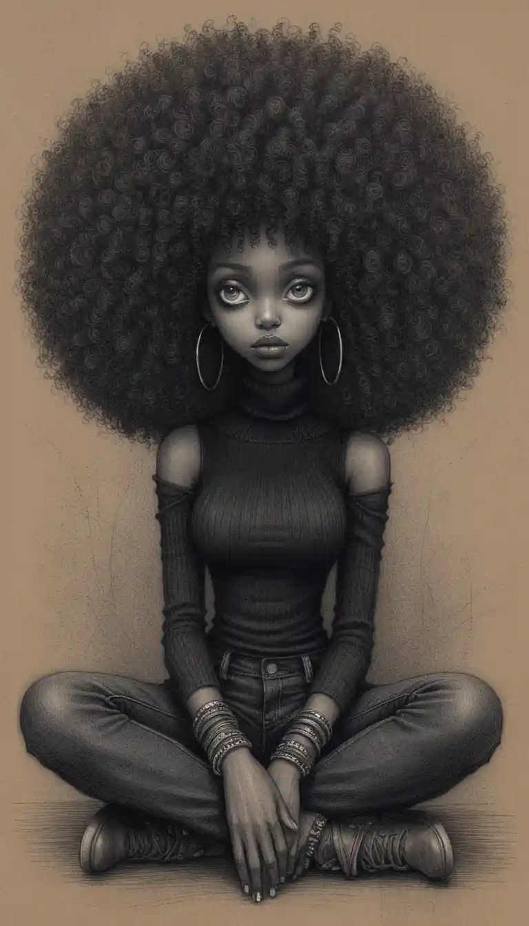 Mujer negra sombría con grandes ojos blancos en dibujo a grafito