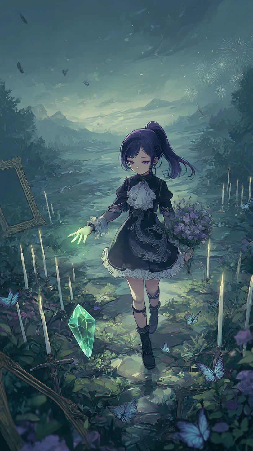 Chica de anime triste caminando por un campo de espadas de cristal