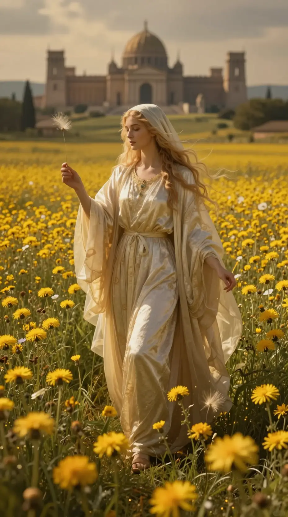 Majestic ghost over glowing dandelion field at twilight