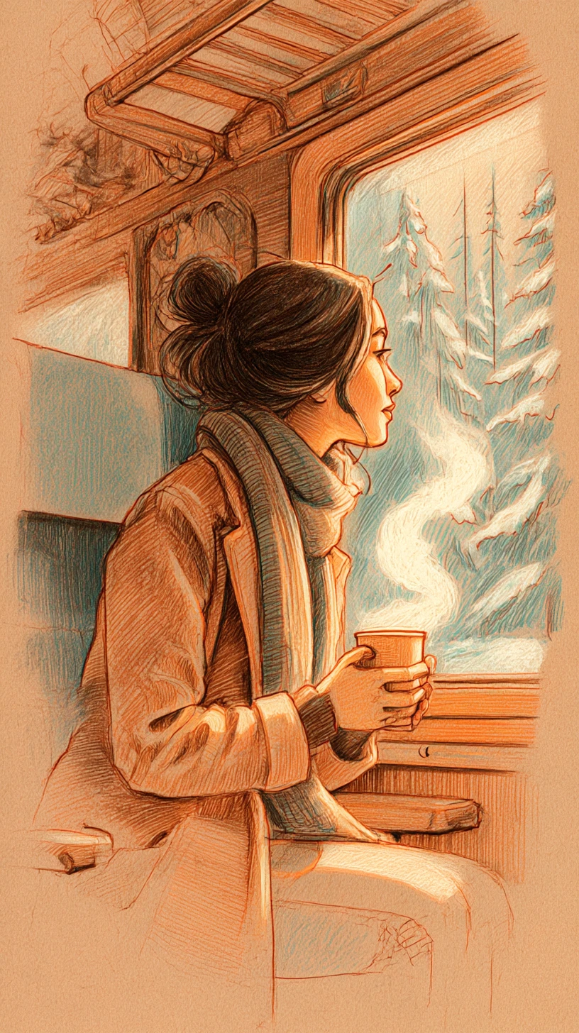 Mujer con café en un tren a través de un bosque nevado