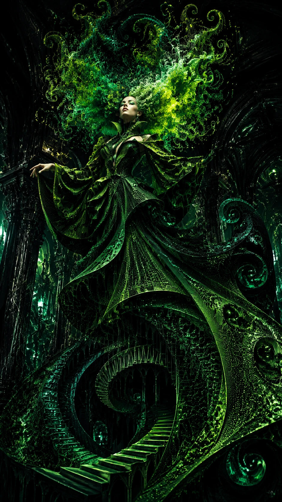 Reina de fantasía oscura con vestido arquitectónico esmeralda fractal