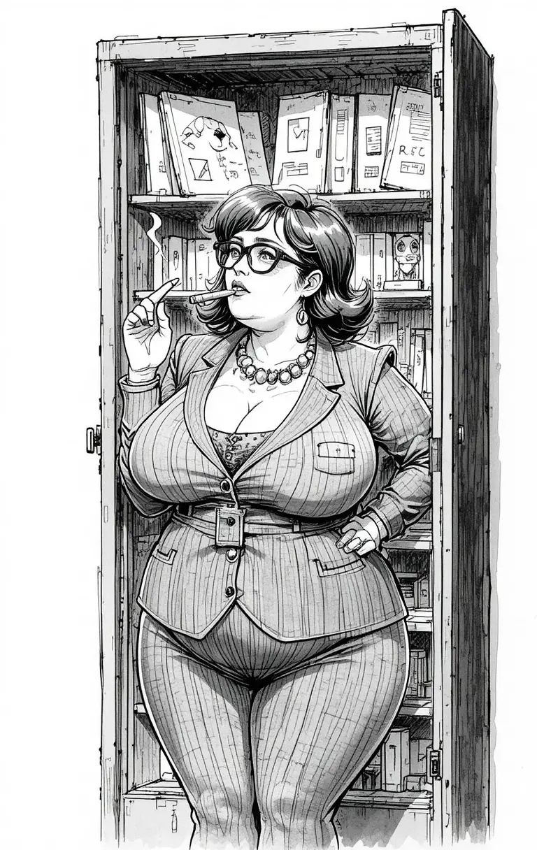 Cartoon businesswoman at open cabinet with surprised mouse