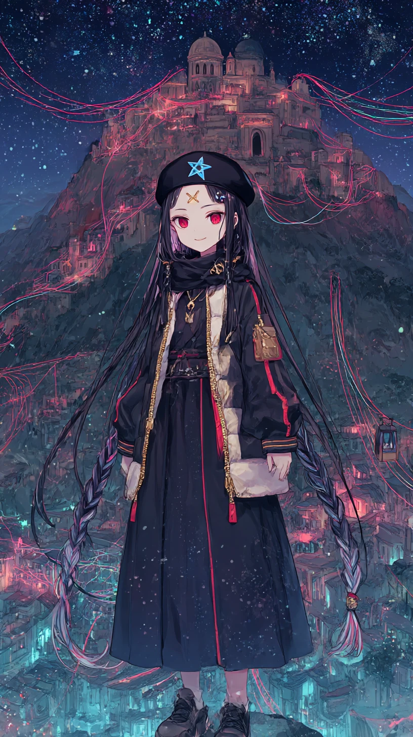 Chica de anime oscura con chaqueta atada con cuerdas y sonrisa siniestra