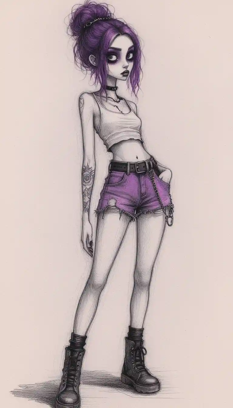 Retrato de chica gótica con ojos grandes en dibujo a lápiz