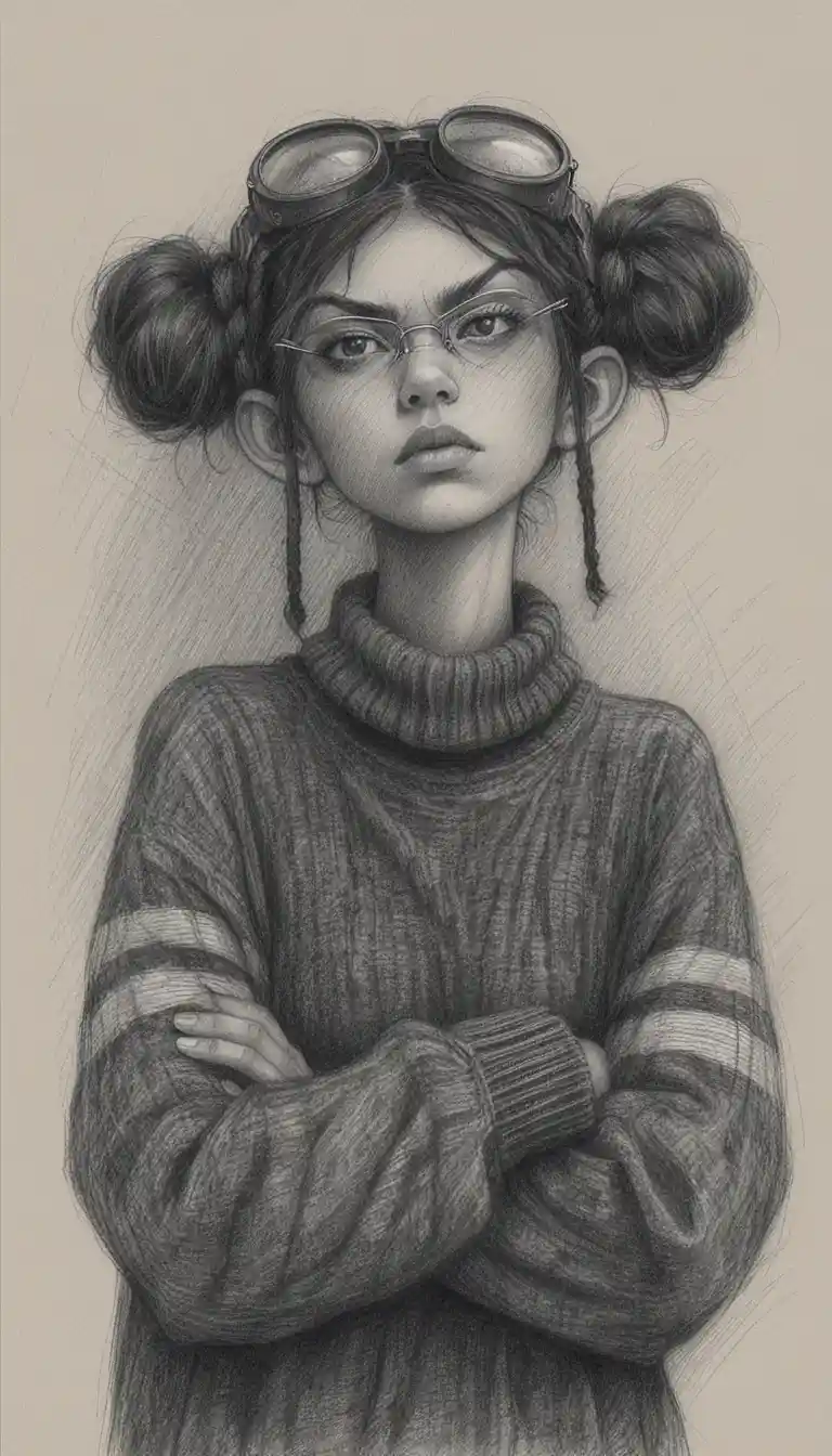 Retrato a lápiz sombrío de una chica rebelde con gafas
