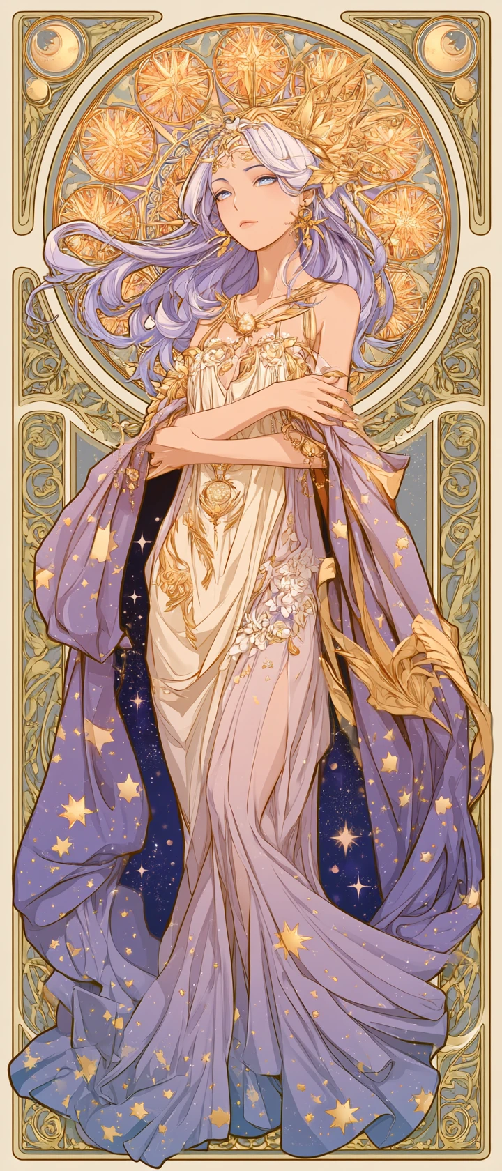 Diosa celestial de anime en seda cósmica fluida y oro