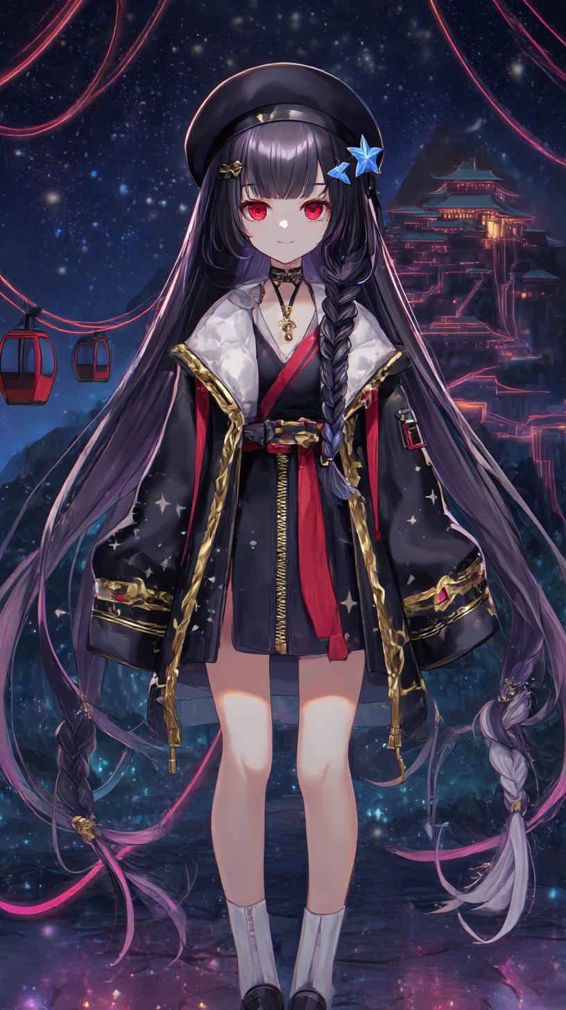 Chica de anime siniestra con pelo negro y chaqueta con ribetes dorados