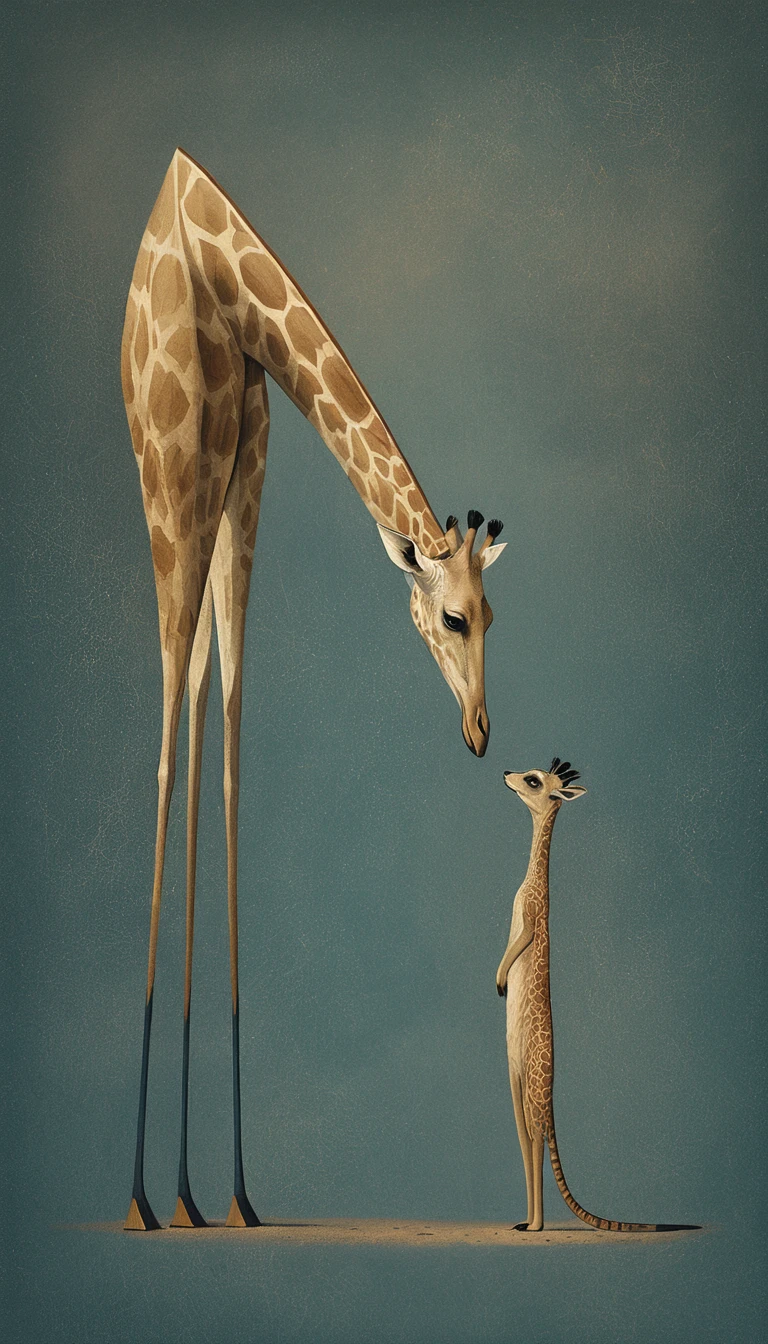 Incontro surreale tra giraffa e suricato in stile vintage minimalista