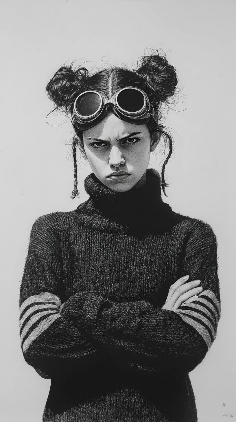 Chica melancólica con gafas en retrato a lápiz en blanco y negro