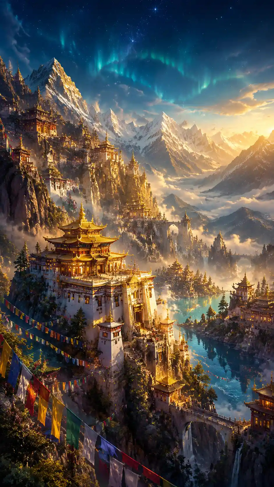 Ciudad oculta de un reino del Himalaya bañada por luz dorada