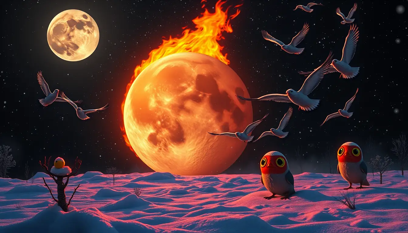 Criatura de fuego surrealista gritando a la luna atormentada
