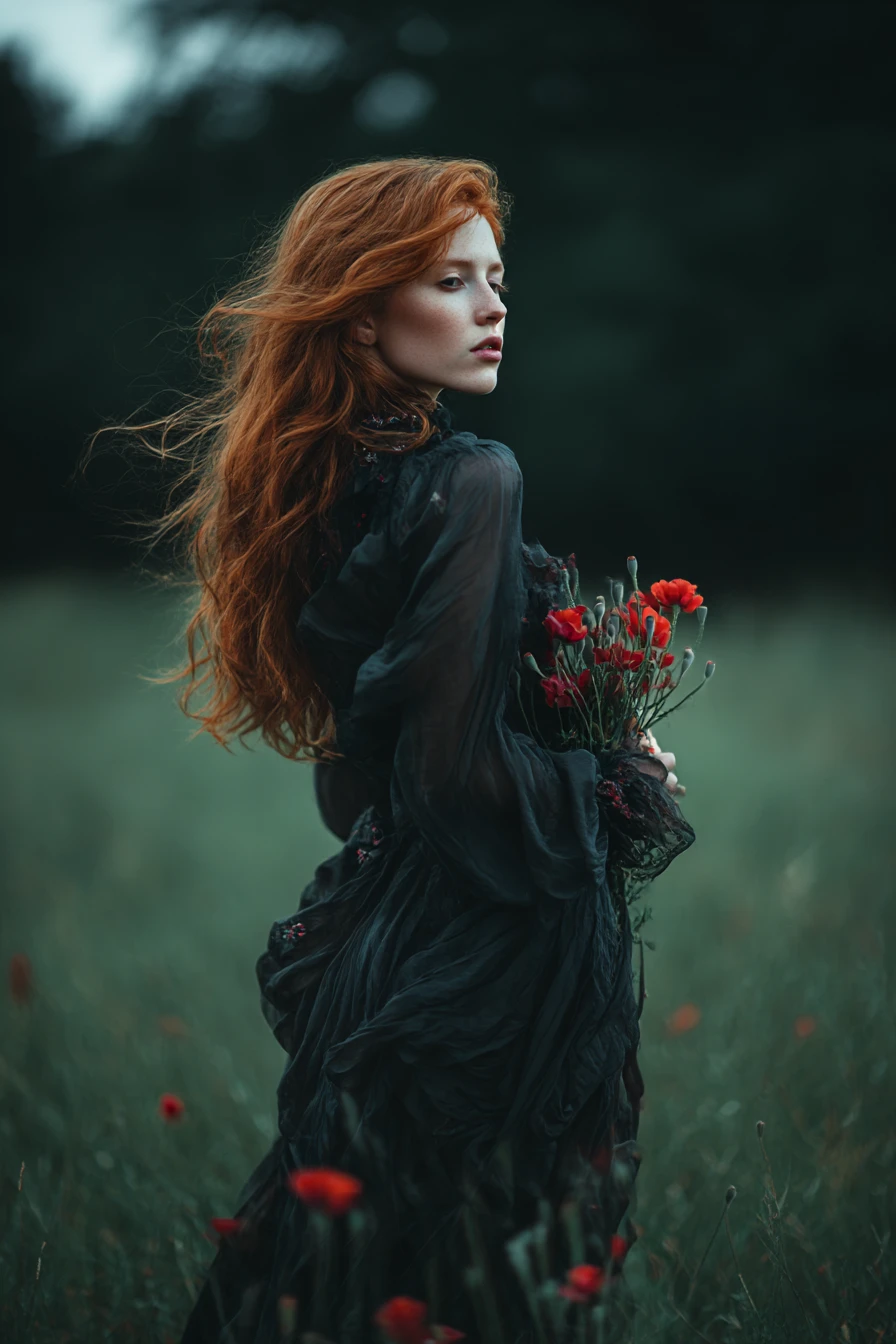 Mujer pelirroja de anime en un prado al anochecer con flores silvestres