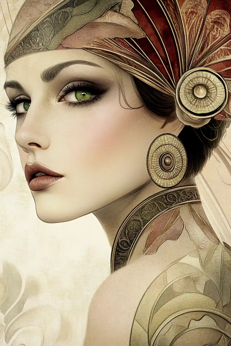 Retrato digital ornamentado de una mujer con tocado estilizado