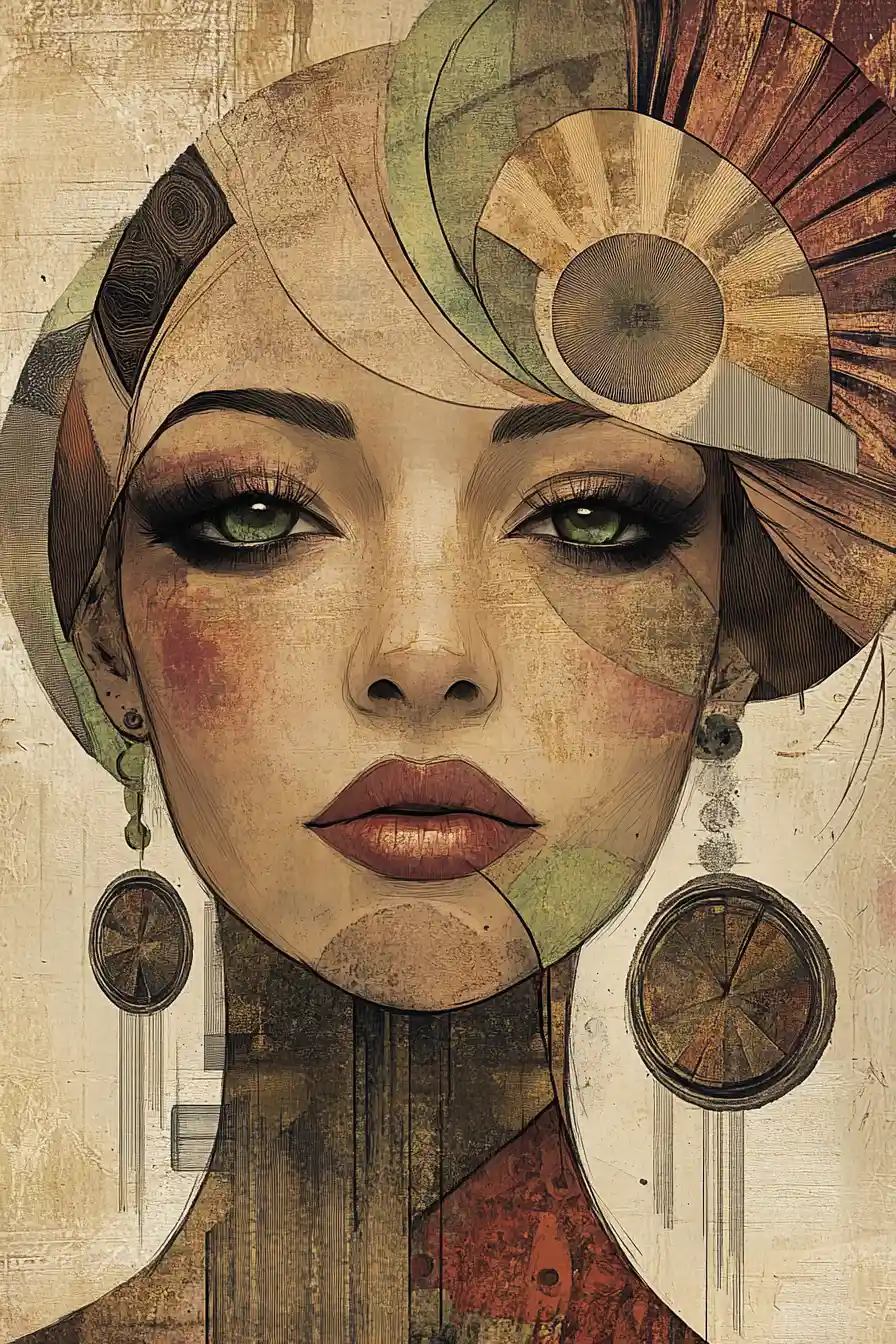 Retrato digital ornamentado de una mujer serena con tocado abstracto