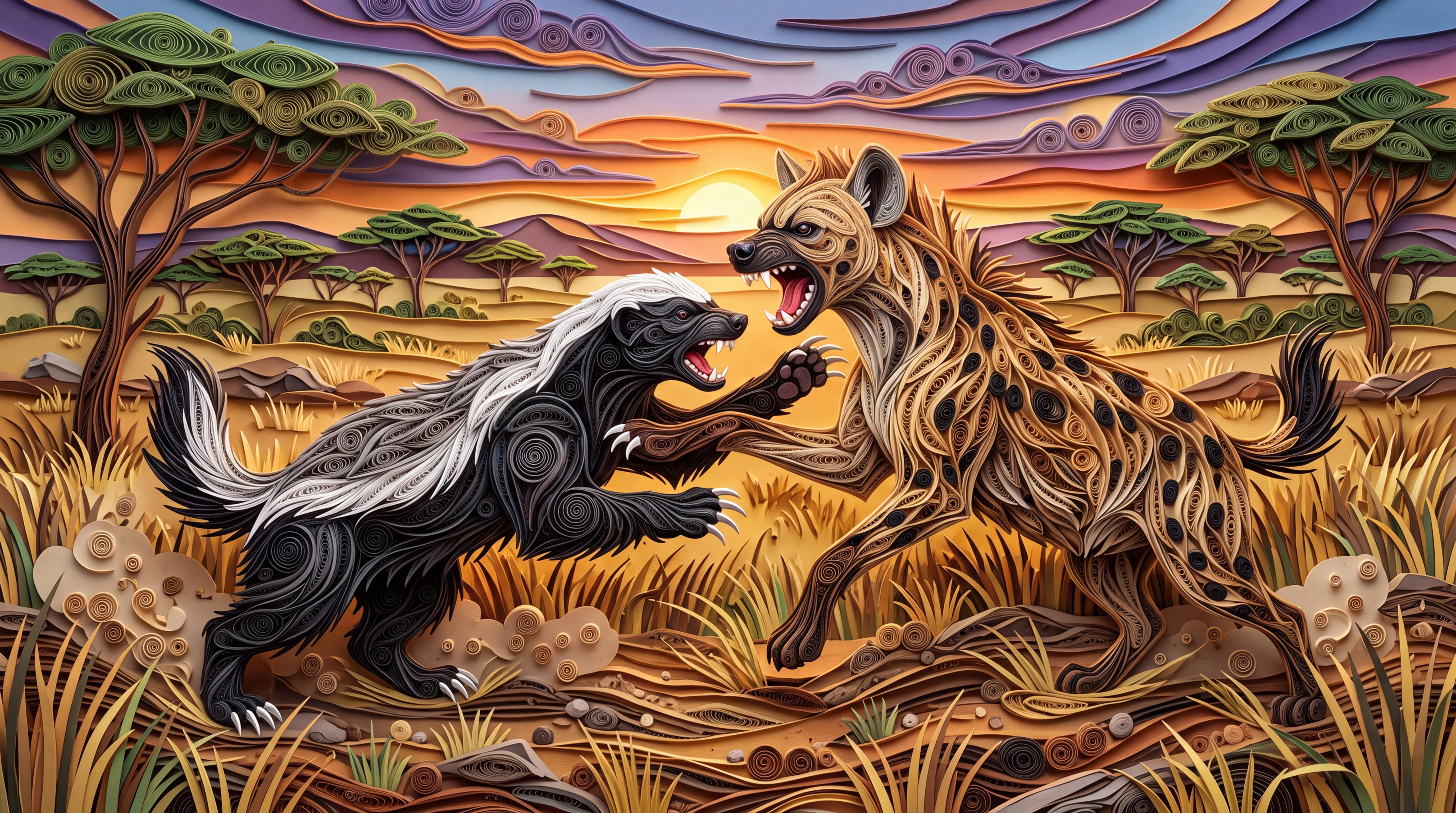 Honey badger battling hyena on stylized African savannah