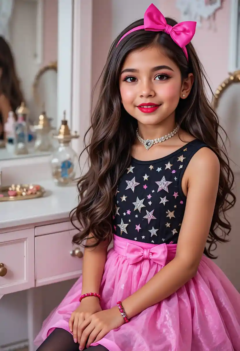 Jeune fille latina préadolescente en robe rose à étoiles devant la coiffeuse de sa chambre